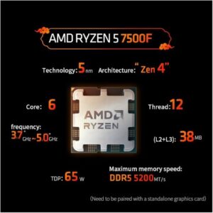 מעבד AMD ZEN 4 R5 7500F Tray No Fan No GPU Up To 5GHZ AM5
