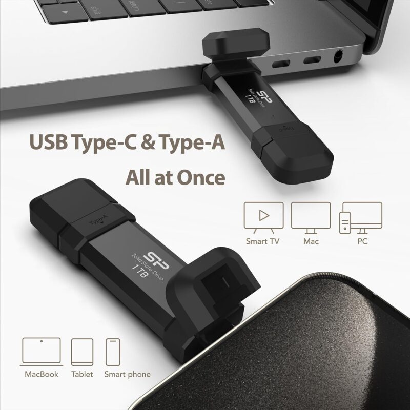 Silicon Power 1TB DS72 Portable USB 3.2 Gen 2 Type-C/Type-A SSD Flash Drive (Black), SP001TBUC3S72V1K