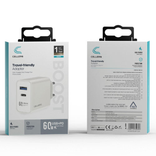 מטען קיר CELLERA GAN 60W PD+USB