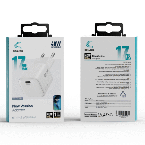 מטען קיר CELLERA GAN 40W PD 17 PRO MAX ראש ללא כבל